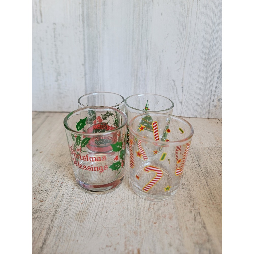 Vintage tea light mini Xmas glass candy cane tree set mistletoe Holly